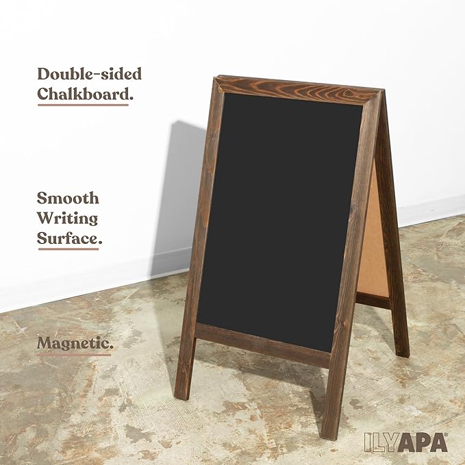 Ilyapa Wooden Sandwich Board Signs Outdoor A Frame Chalkboard Sign with Eraser & Chalk - Magnetic Sidewalk Sign 20x40 - Chalkboard Easel for Restaurant, Business or Wedding