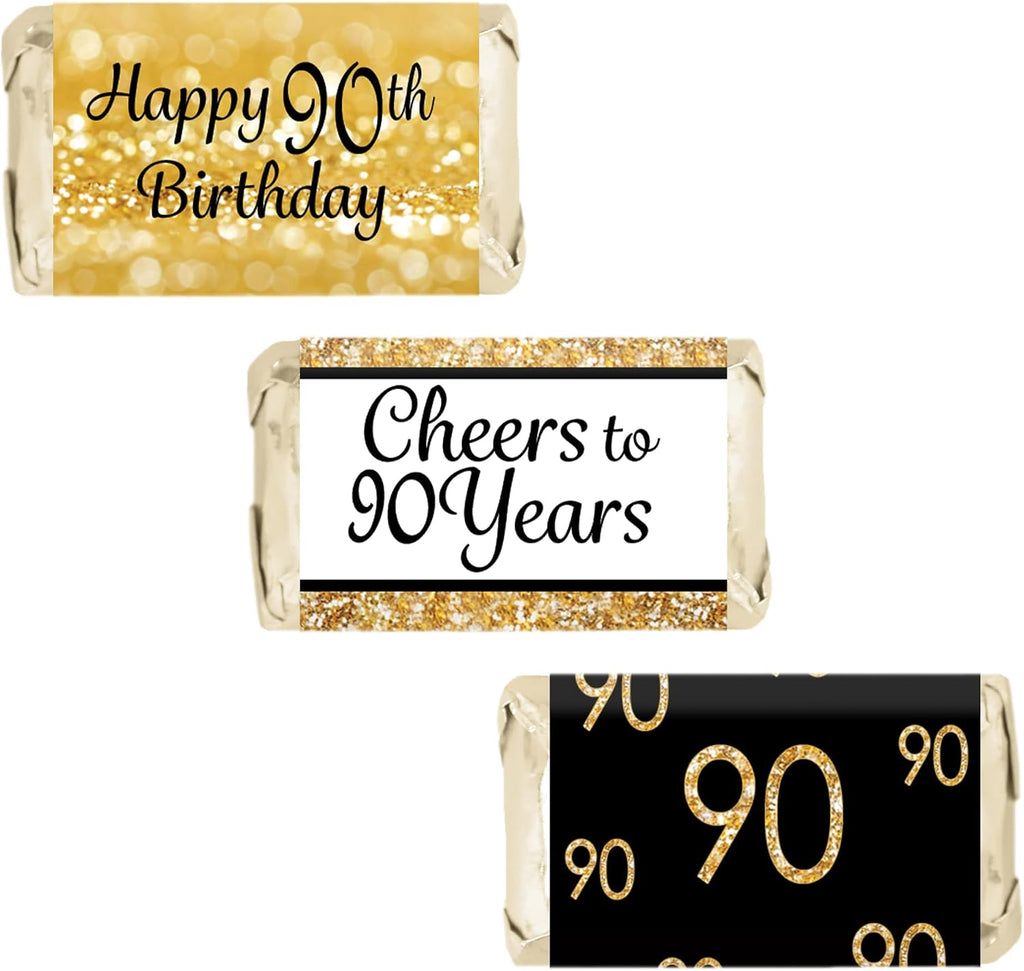Black and Gold 90th Birthday Party Mini Candy Bar Wrappers, 90th Birthday Decorations - 42 Stickers