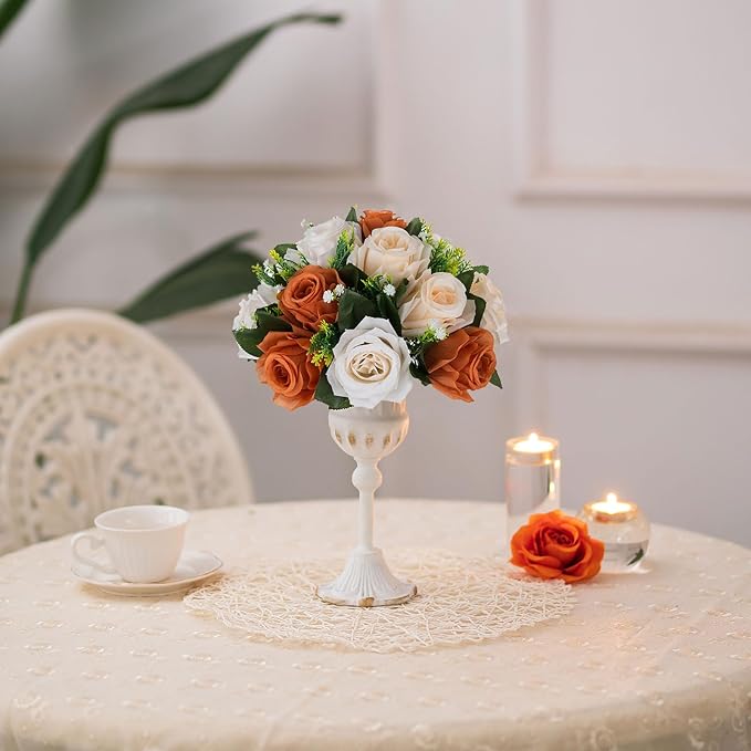 BLOSMON Flower Balls for Centerpieces Decoration: 2 Pcs Terracotta Artificial Rose Kissing Balls for Table - Fall Fake Silk Floral Bouquet with Base Arrangements for Home Party Room DIY Decor