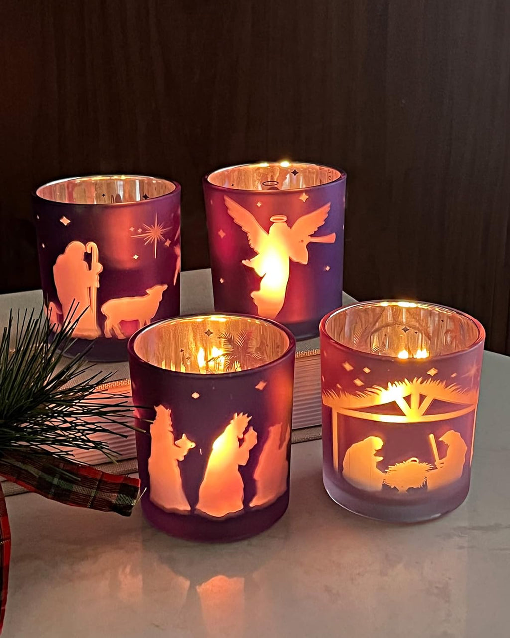 Advent Candle Holder Set of 4, Christian Decoration Votive Candle Holders, Glass Tealight Holders for Christmas Table Centerpieces Nativity Decorations, Purple & Pink