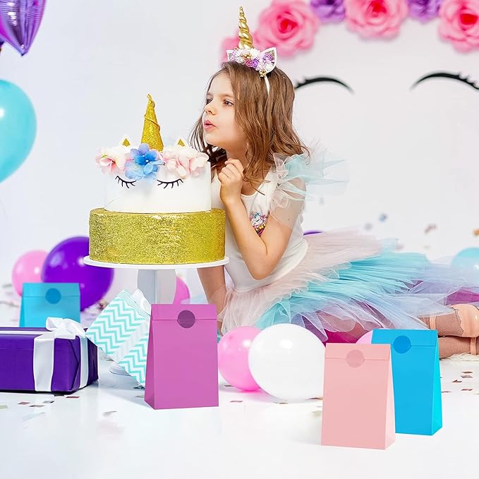 Cooraby 30 Pieces 5.1 x 3.1 x 9.4 Inches Colorful Kraft Paper Bags with 48 Stickers Party Treat for Wedding, Celebration, Birthday Party Supplies (Sky Blue, Light Purple, Pink)
