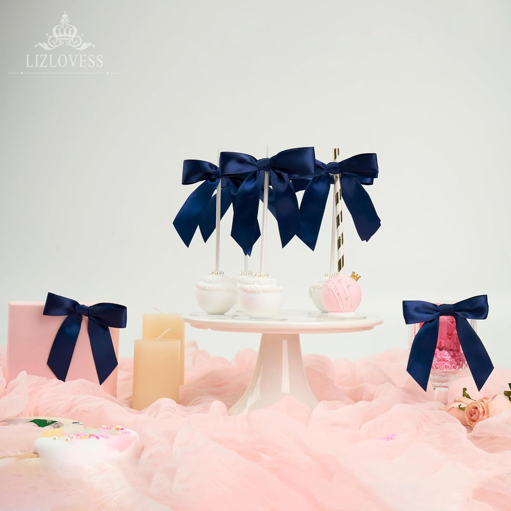 Blue Twist Tie Bows for Treat Bags 3.5" Pre-Tied Blue Bows Navy Satin Ribbon Bows for Gift Wrapping Premade Bows for Crafts, Party Favors, Wedding, Baby Shower Decorations (50 Pack)