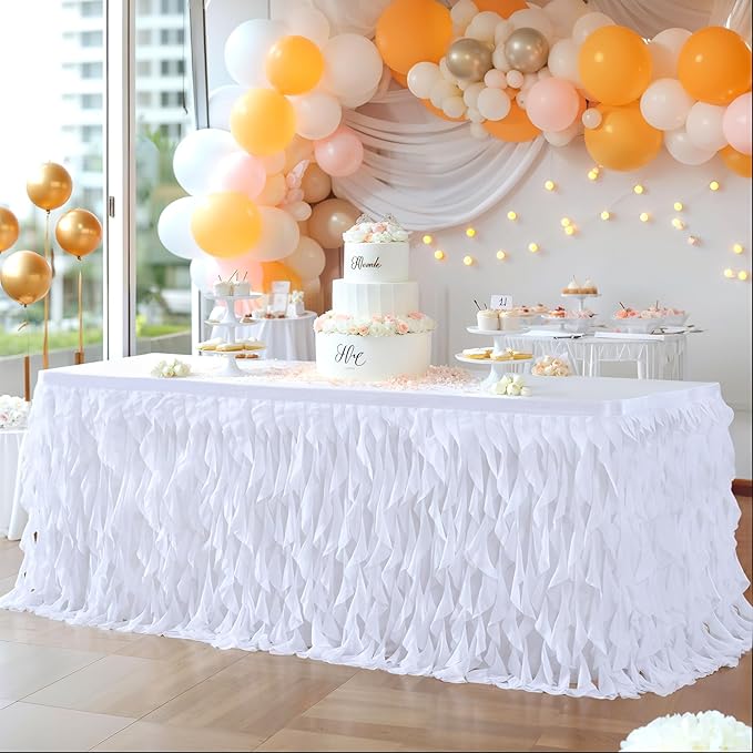 Partisky White Tulle Curly Willow Table Skirt for Rectangle Table 14ft, Ruffle Tutu Table Cloth for Wedding,Bridal Shower, Baby Shower,Birthday Party