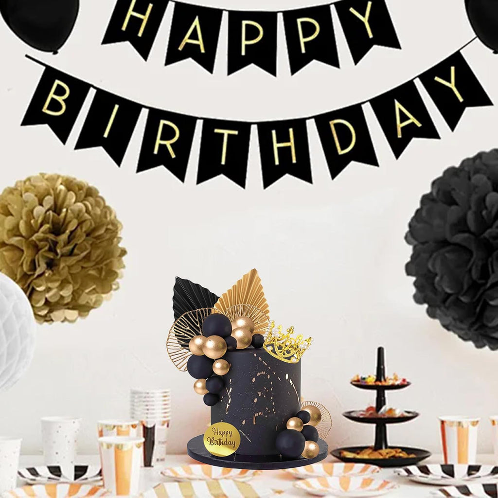 Balls Cake Toppers Crown Tiara Cake Topper Happy Birthday Cake Decorations for Birthday Boho Wedding Baby Shower Party Decorations (Black Gold)
