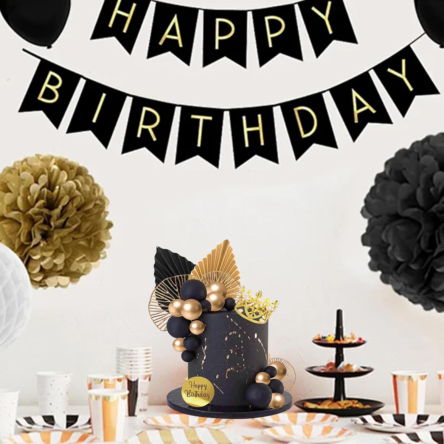Balls Cake Toppers Crown Tiara Cake Topper Happy Birthday Cake Decorations for Birthday Boho Wedding Baby Shower Party Decorations (Black Gold)