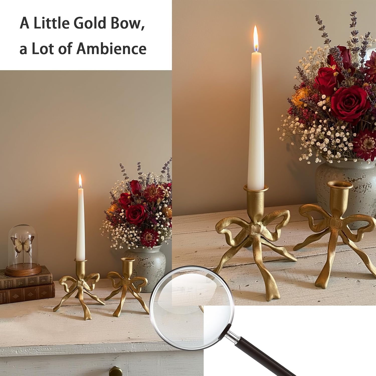 Heavy Cast Iron Dancing Bow Taper Candle Holders, Ribbon-Inspired Sculptural Design, Fits 7/8" Candlesticks, Vintage Metal for Mantel, Tabletop & Seasonal Decor (2, Brass)