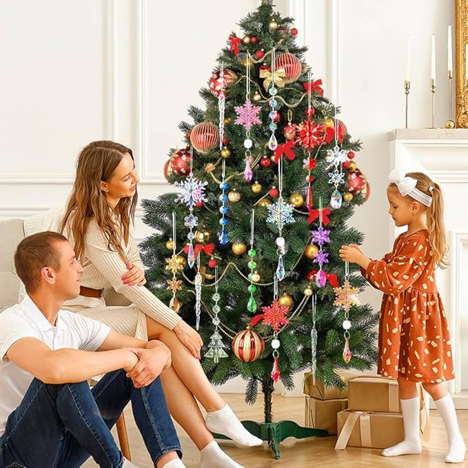 Lanpn 26pcs Christmas Ornaments Crystal Christmas Tree Decoration, Hanging Clear Acrylic Snowflake Icicle Drop Pendants for Xmas Winter Outdoor Indoor Party Decoration Red