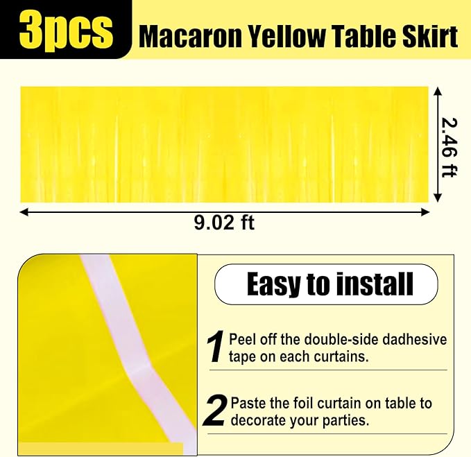 3 Pack 29x108 Inch Macaron Yellow Foil Fringe Table Skirts Metallic Banner for Tinsel Streamer Garland Backdrop for Parade Floats Wedding Thanksgiving Birthday Christmas Halloween Party Decoration