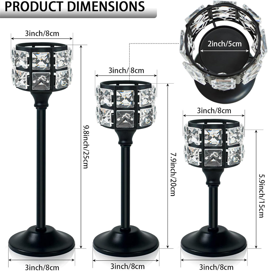 Crystal Metal Candle Holder, Square Crystal Beads Bling Tea Light Candlestick, Tall Votive Candelabra Elegant Centerpiece for Table Wedding Decoration, Home Decor (Black, Set of 3)