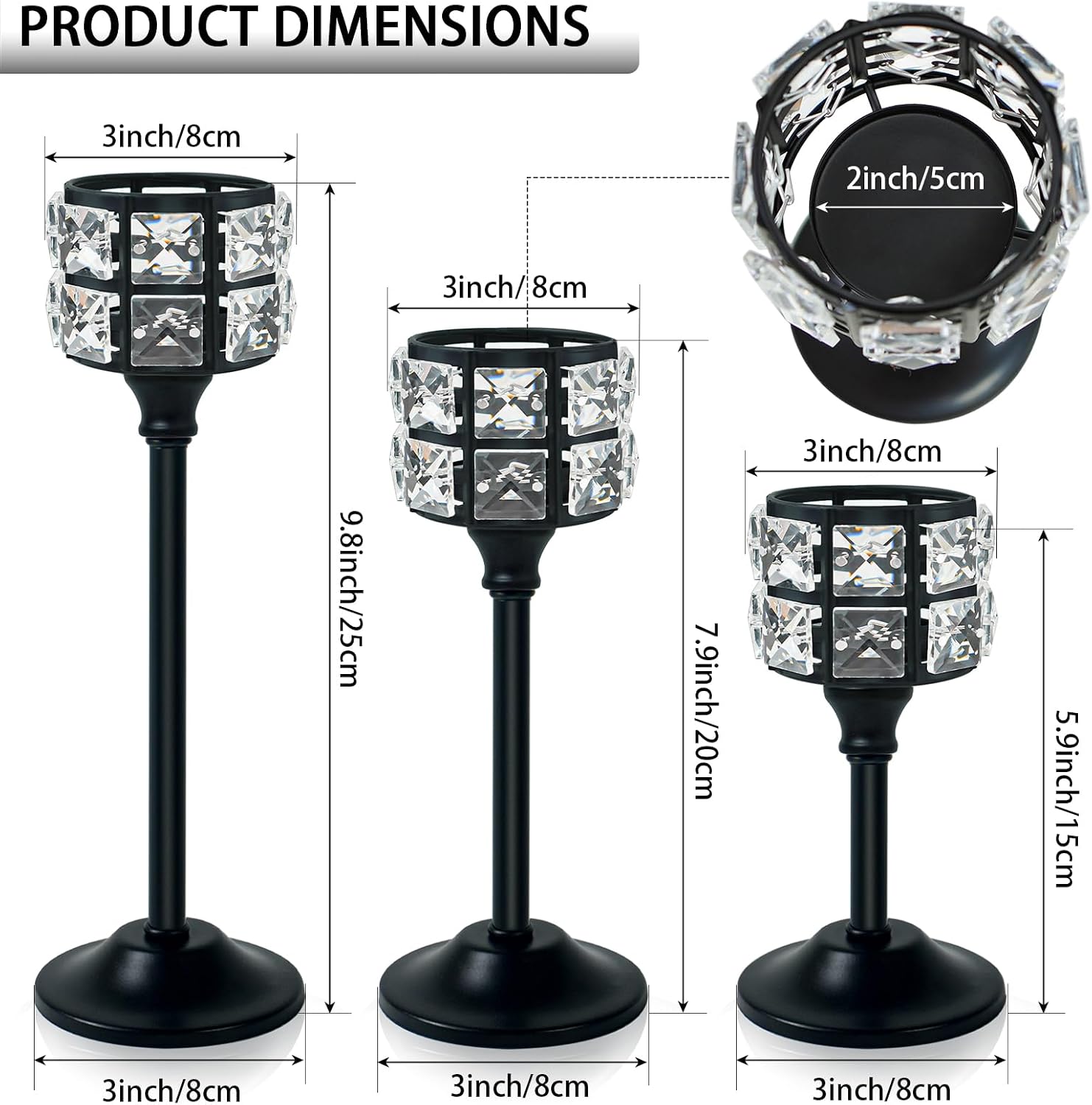 Crystal Metal Candle Holder, Square Crystal Beads Bling Tea Light Candlestick, Tall Votive Candelabra Elegant Centerpiece for Table Wedding Decoration, Home Decor (Black, Set of 3)