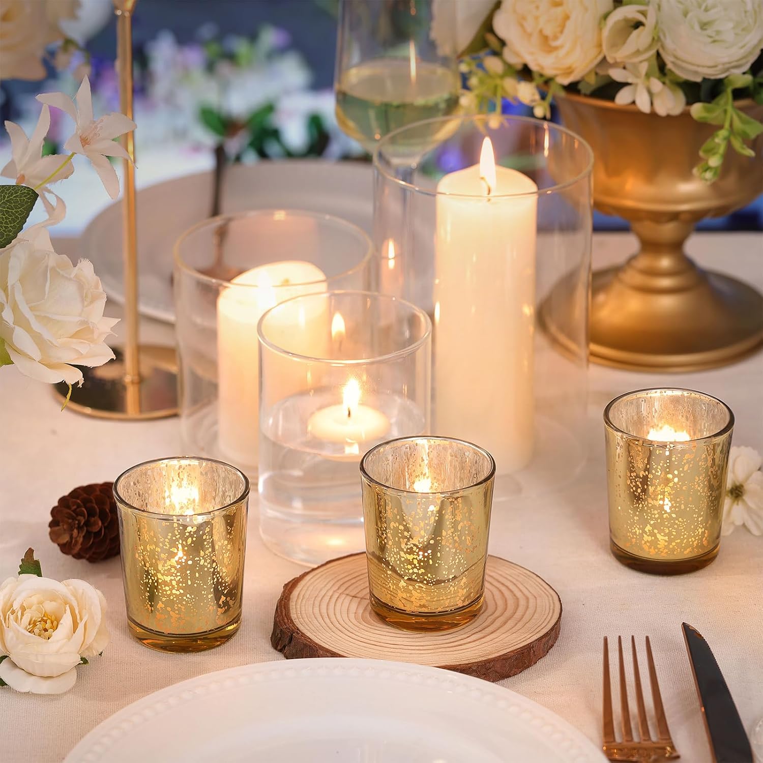 LETINE Gold Votive Candle Holders Set of 36 - Speckled Mercury Gold Glass Candle Holder Bulk - Ideal Spring Summer Decor for Wedding Centerpiece Table，Valentine's Day Decorations Indoor