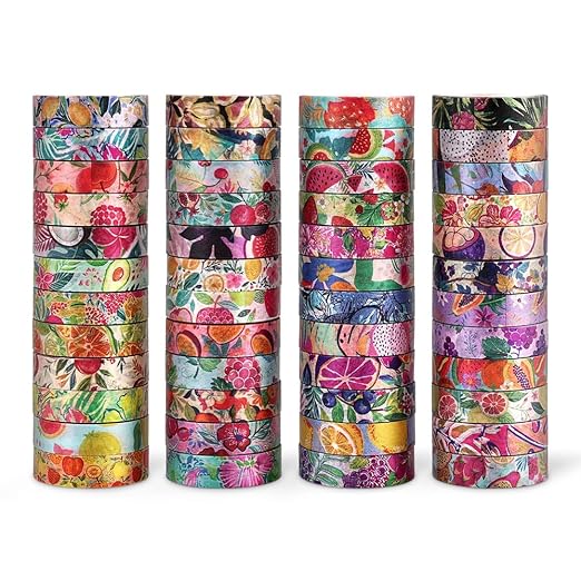 48 Rolls Fruit Theme Washi Tape Set, Writable Decorative Tapes for Scrapbooking, Bible Journaling, Bullet Journaling, 0.39"x79" per Roll