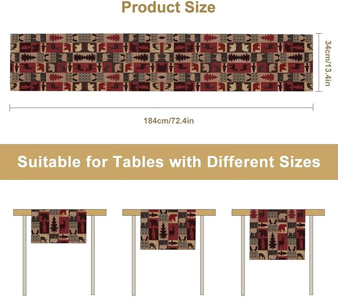 Retro Rustic Bear Table Runner, Wild Bear Cabin Pine Farmhouse Table Runner for Bedroom Kitchen Living Room Vintage Country Style Lodge 13x108 Inch