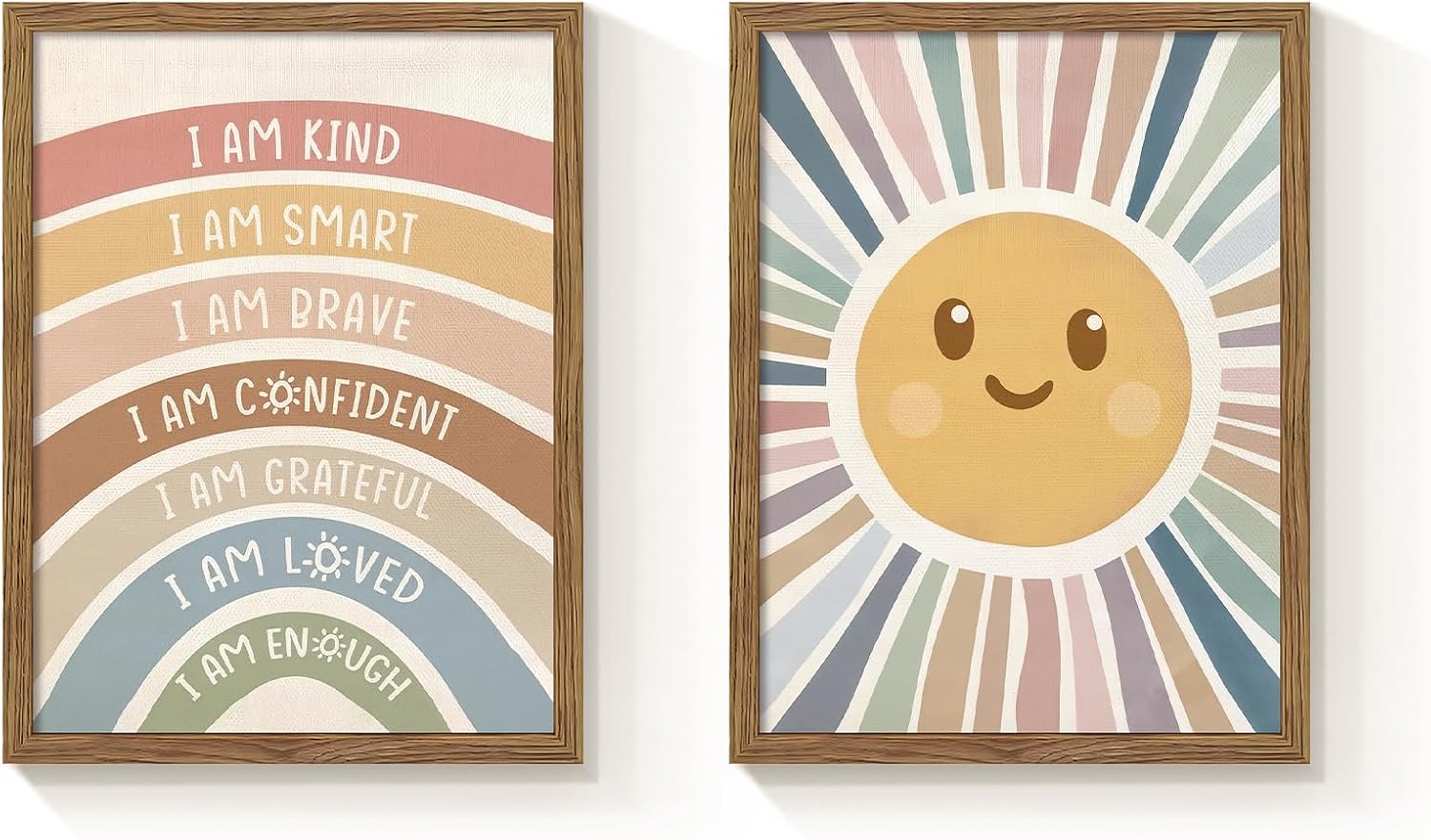 2 Piece Framed Boho Rainbow Kids Room Wall Art 12x16 Inch | Positive Affirmations Playroom Wall Decor, Sun Smiley Face Nursery Painting Canvas Prints for Classroom Toddler Room Decor
