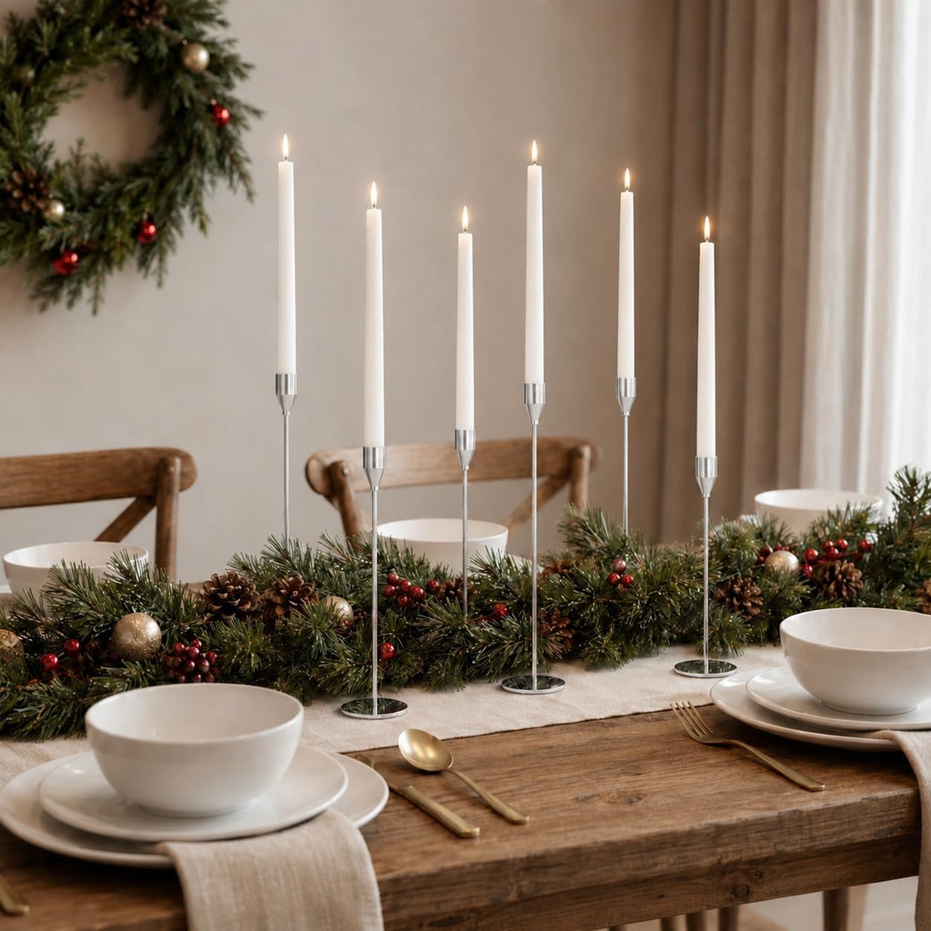 NLBTW Set of 24 Silver Taper Candle Holders for Wedding Party Decor | Modern Tall Metal Candlestick Holder Bulks Set for Banquets, Christmas Tables, Mantels and Event Decor