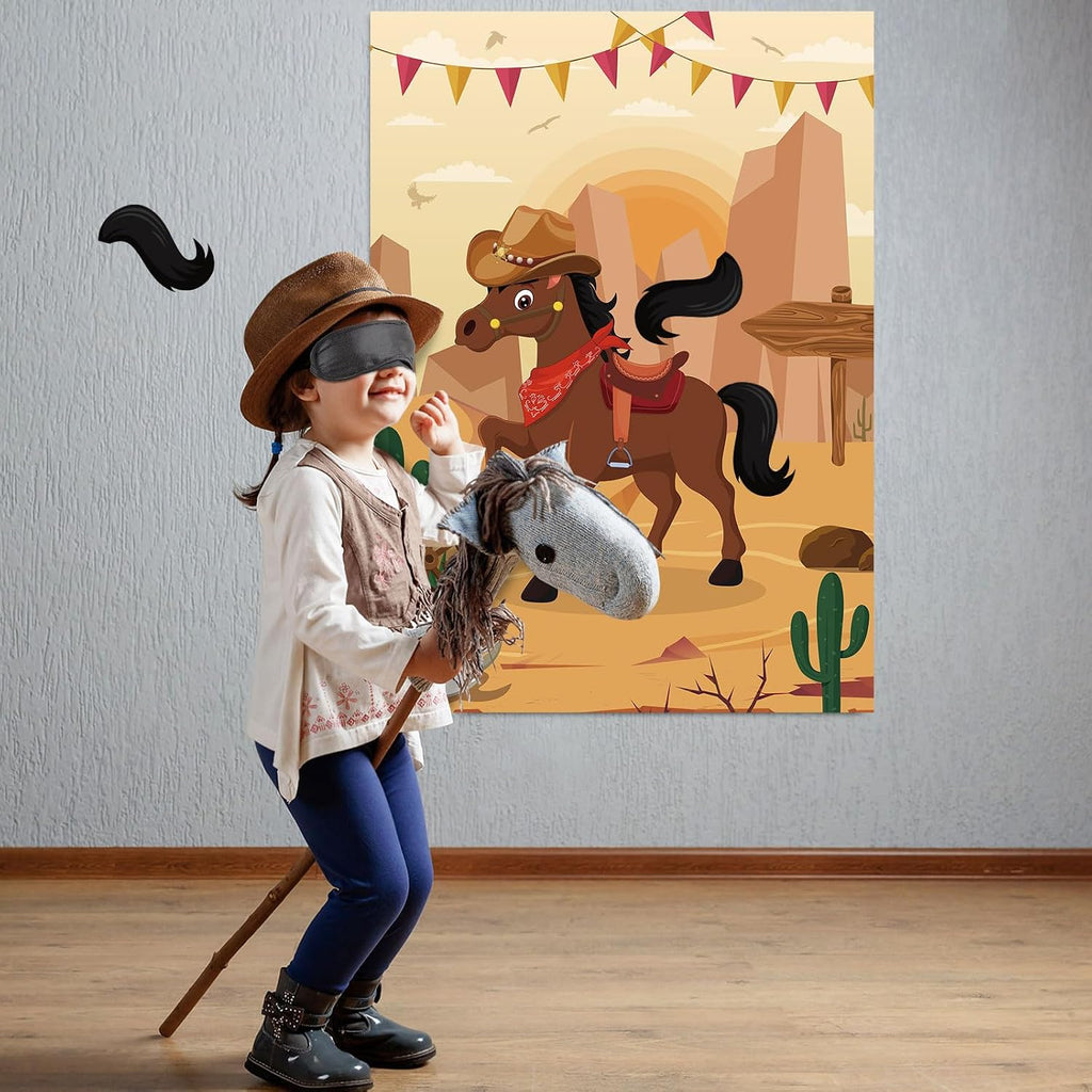 Hxezoc Pin The Tail On The Horse Game with 30 Pcs Tails Large Western Cowboy Horse Games Poster for Kids Cowboy Party Favor Western Birthday Party Carnival Party Supplies