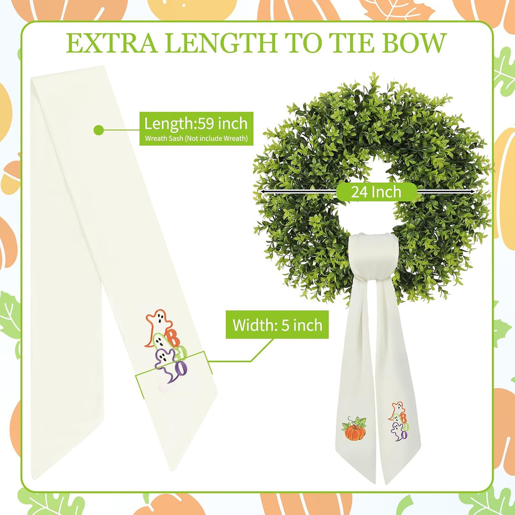 Fall & Halloween Wreath Sash for Front Door (59" Long) - Embroidered Ghost & Pumpkin Design for Boxwood Wreaths - 2-in-1 Autumn Ribbon Decor, Heavy Drape & Washable (1 Set)