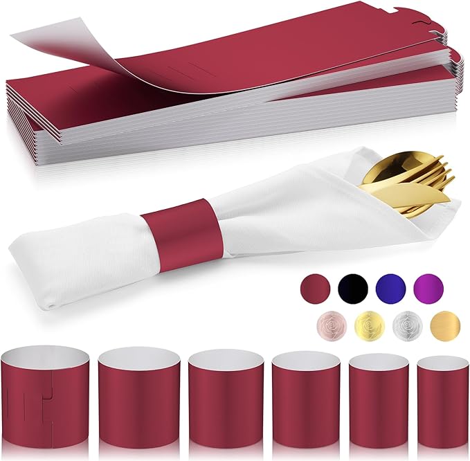 Polymer Material Reusable Napkin Band, Glue-Free Tear-Proof Water Resistant Oil-Proof Napkin Bands Set of 50(Front Burgundy Color and Back White), 6 Adjustable Sizes Napkin Rings