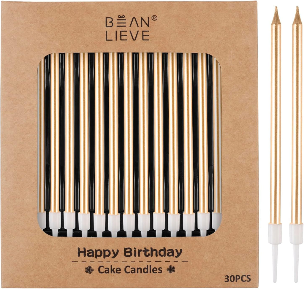 BEAN LIEVE 30-Count Champagne Gold Long Thin Metallic Birthday Candles, Cake Candles, Birthday Parties, Wedding Decorations, Party Candles, Cake Decorations