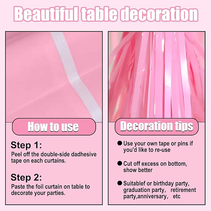 3 Pack 29 x108 Inch Macaron Pink Foil Fringe Table Skirts Metallic Banner for Tinsel Streamer Garland Backdrop for Parade Floats Wedding Thanksgiving Birthday Christmas New Year Party Decoration