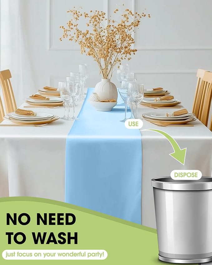 Pureegg Light Blue Plastic Table Runners - 10 Pack, 14'' x 108'', Water Resistant & Disposable Centerpiece Decorations for Table Cloth, Wedding, Birthday, Holiday, Baby Shower, Party, Home Decor