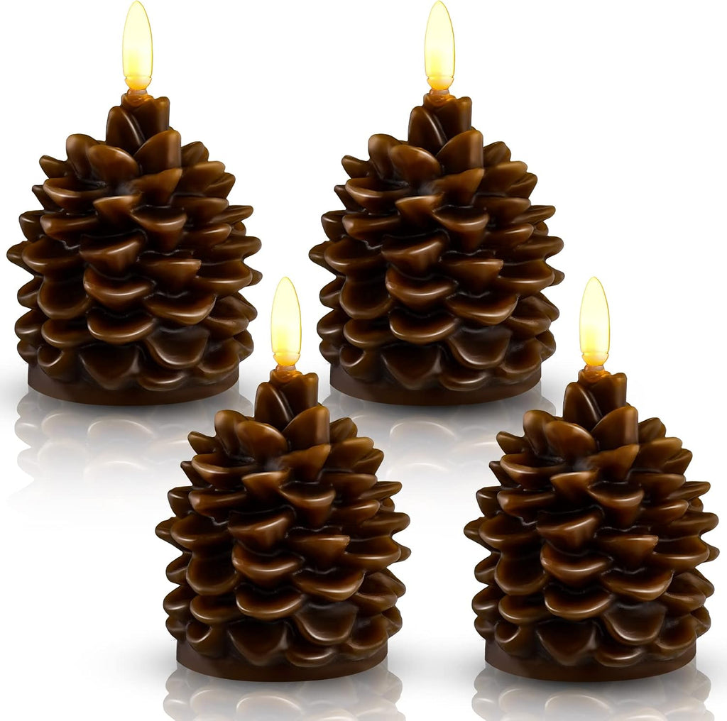 Hortsun 4 Pieces Christmas Pinecone Candles Flameless Acorn Decor LED Pinecone Candle Decor Real Wax Unscented Battery Operated Candle for Thanksgiving Christmas Winter Holiday Decoration(Brown)
