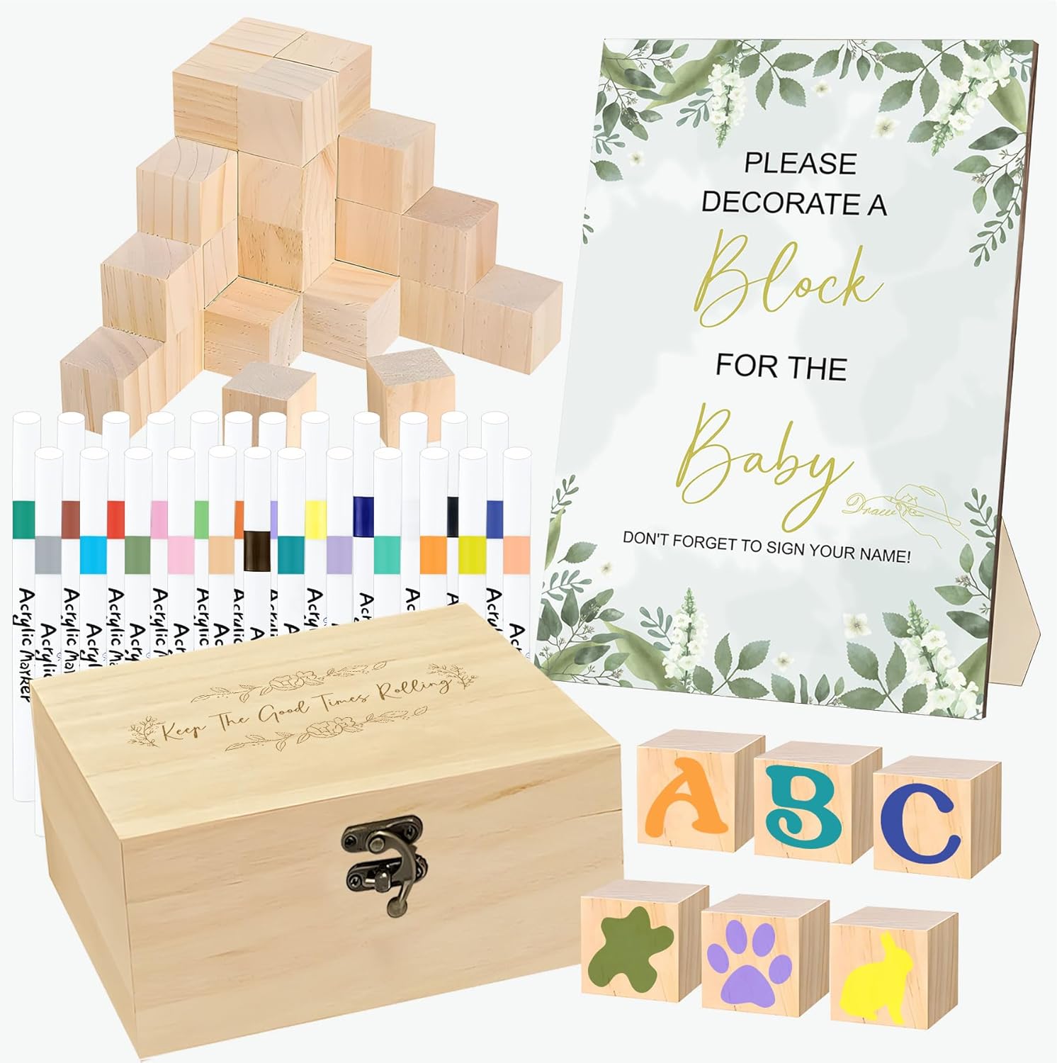EIGTWEN 78 PCS Fun Baby Shower Games Sign Kit, Baby Blocks for Baby Shower | Blank Wooden Blocks, Games for Guest, Funniest Games Ever, Suitable for Boy and Girls, Fun Activities and Ideas