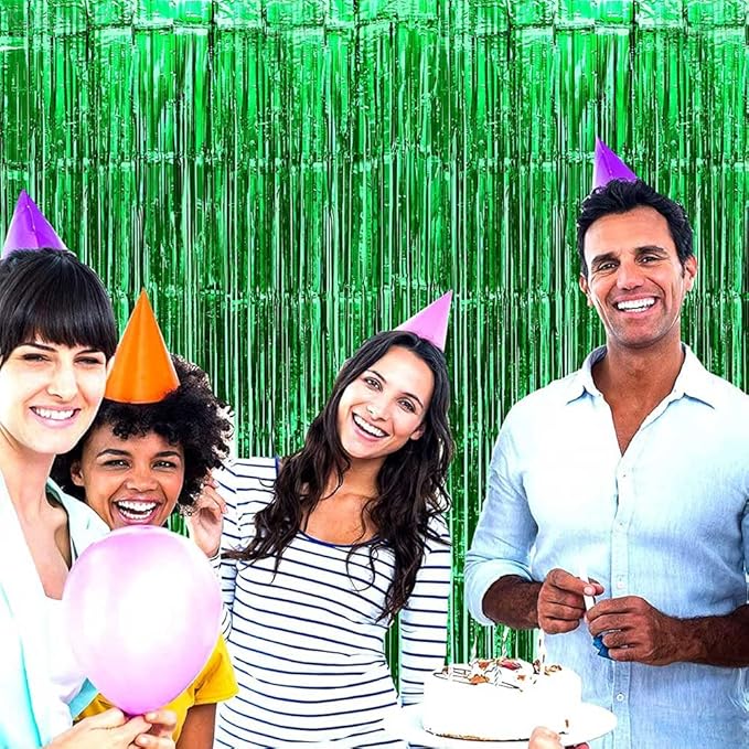 4 Pack Green Foil Fringe Curtain Backdrop, 3.28Ft x 8.2Ft Metallic Tinsel Foil Fringe Streamer Curtains for Photo Booth Props Decor Party Supplies