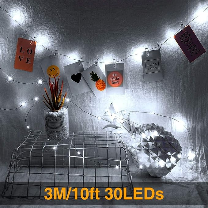 3 Pack Rechargeable String Fairy Lights 10ft 30 LED, Christmas Starry Lighting Silver Copper Wire 4 Modes, Waterproof Cool White Micro Firefly Moon Light with USB Cable