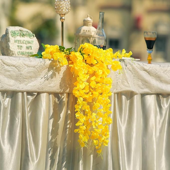 24 Pack Yellow Wisteria Hanging Flowers Garland, 3.77 Feet Artificial Flower Vines, Fake Wisteria, Artificial Vines Hanging Garland for Backdrop Outdoor Yard Garden Decor