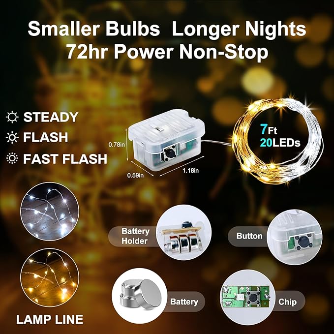 Aogist 50 Pack Fairy Lights 3 Modes 7ft 20 LED Waterproof,Silver Wire Firefly Starry Moon Mini String Lights for Mason Jars Christmas DIY Crafts Wedding Party Bedroom,Cool White&Warm White