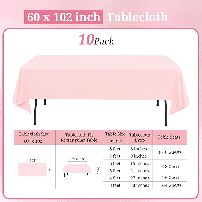 10 Pack Pink Tablecloths for 6ft Rectangle Tables 60 x 102 Inch - Polyester Table Cover Stain and Wrinkle Resistant Washable Fabric Table Clothes for Wedding Party Banquet Reception Restaurant