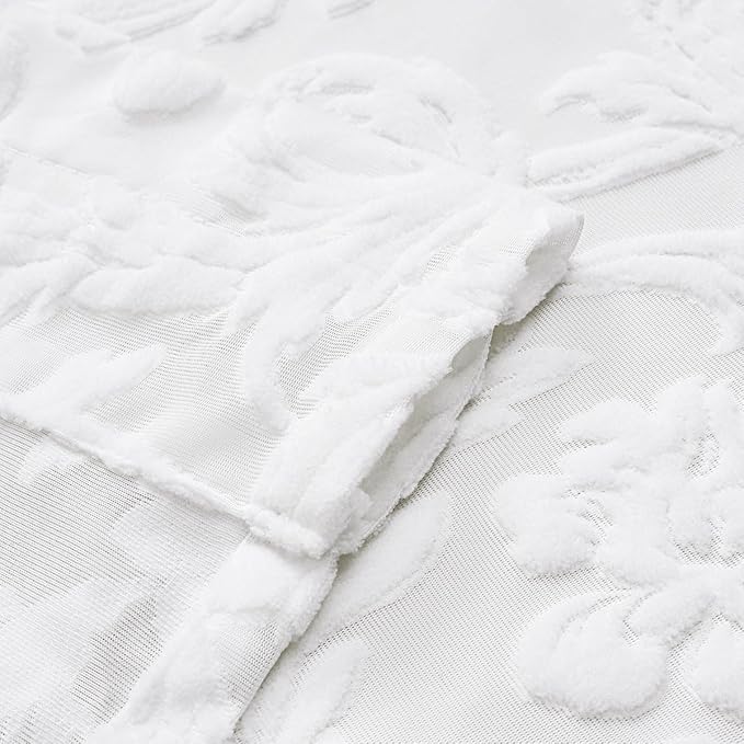 White Sheer Curtains for Living Room Boho Rod Pocket Light Filtering Curtain Drapes 95 inches Long 2 Panels Set with Floral for Bedroom 3D Flocked Texture & Rococo Motifs Window Curtains 52"W*95"L