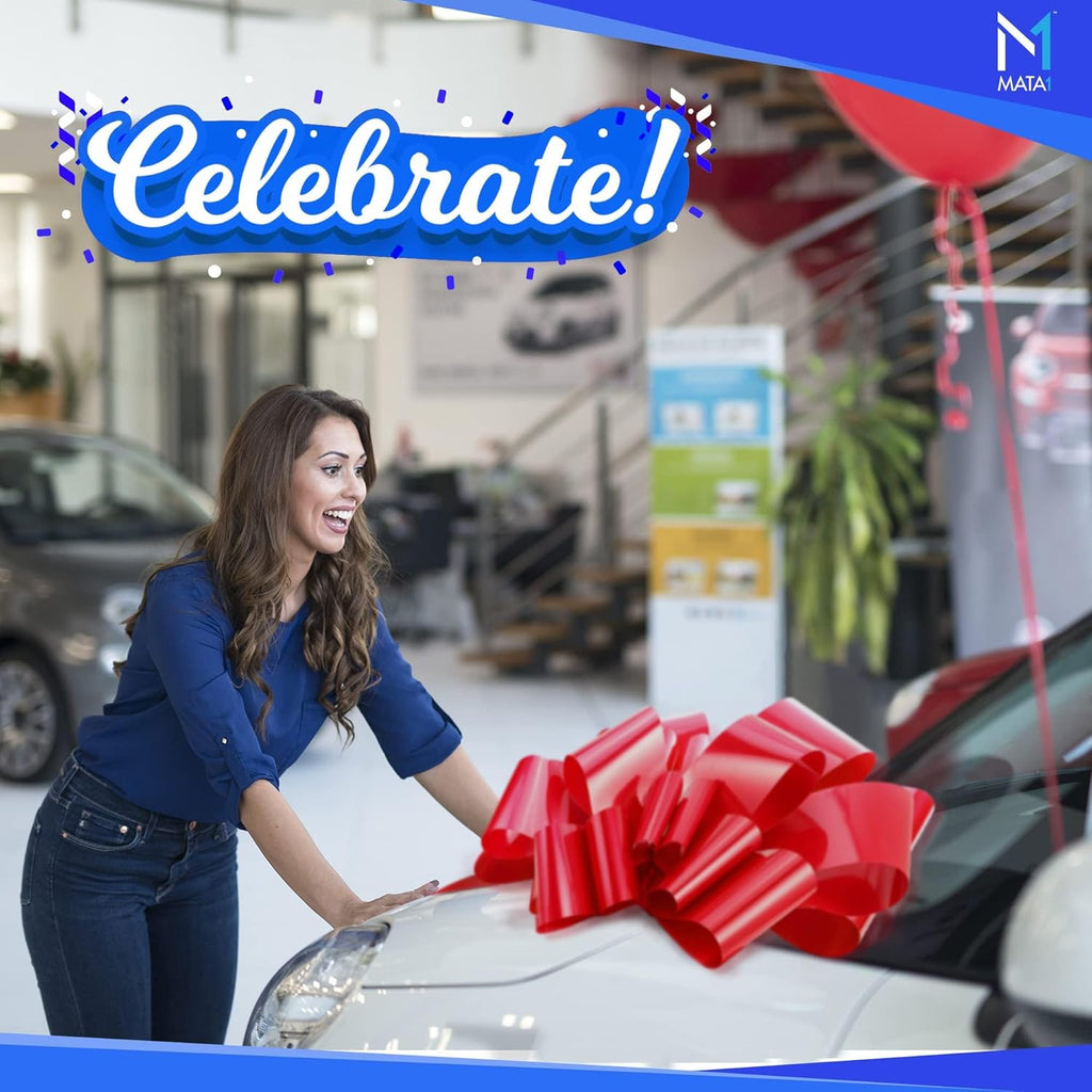 Mata1-USA - Huge Car Bow - Red, 30 Inch - Big Gift Wrapping Bow | Scratch-free giant-size bow for large gift decoration with 12 loops and 2 suction cups, arrives rolled, assembles in seconds.