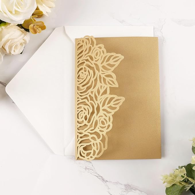 50pcs Gold Laser Cut Wedding Invitations Card Pocket with Envelope and RSVP Cards 5x7 '' Tri-Fold Wedding Invitation Kit for Wedding Engagement Bridal Shower Birthday Quinceanera Party Invite