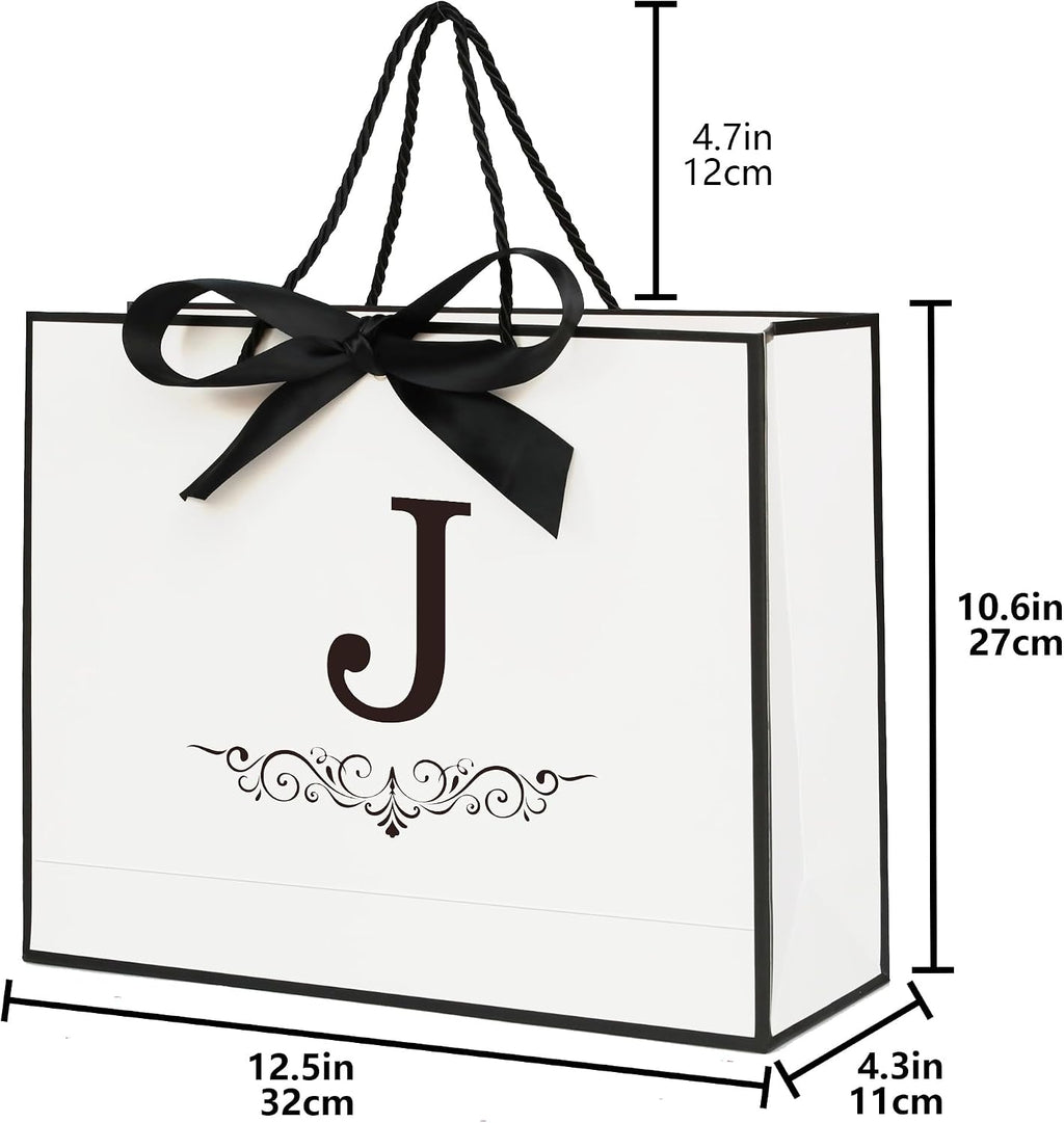 KeerxunBag Personalized Monogram Gift Bags Set - Initial J White Gift Bags with Bow, Tissue Paper, Greeting Card & Envelope for All | Medium Party Favors, Reusable Gift Packaging (J)