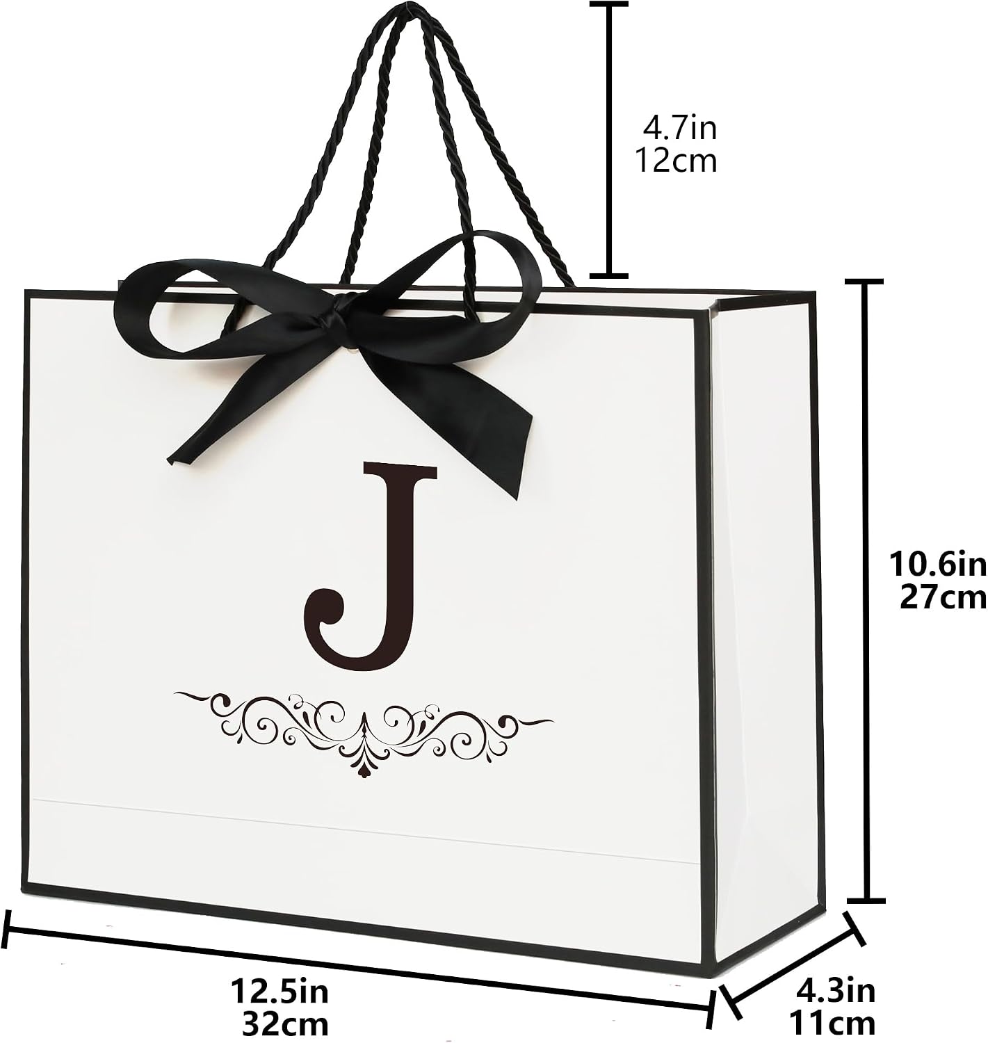 KeerxunBag Personalized Monogram Gift Bags Set - Initial J White Gift Bags with Bow, Tissue Paper, Greeting Card & Envelope for All | Medium Party Favors, Reusable Gift Packaging (J)