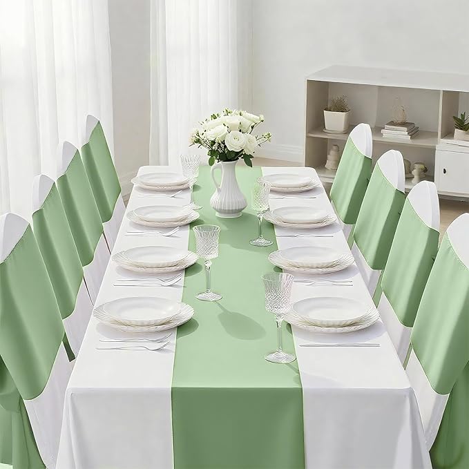 2 Pack Sage Green Satin Table Runner 12x108 Inches Long, Bright Silky Smooth Satin Table Runner Table Decor for Wedding Banquet Christmas Prom Event Birthday Party