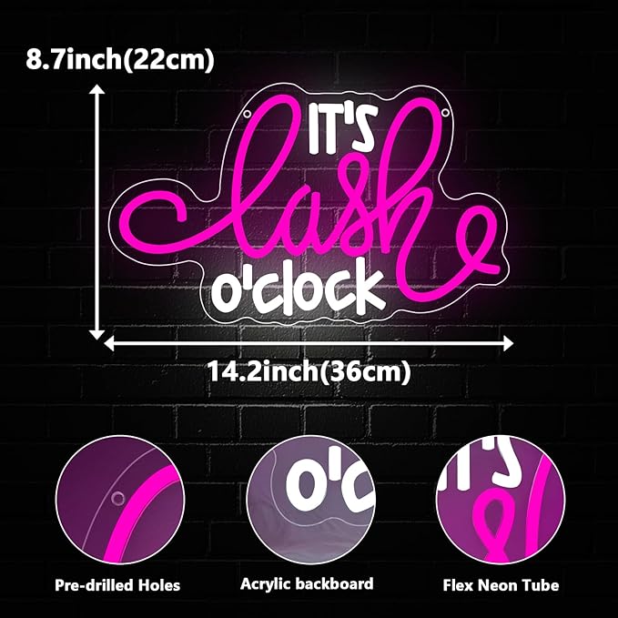 Lash Neon Sign, it's Lash O'Clock Led Neon Light Signs for Wall Decor Beauty Room Salon Nails Business Light up Sign for Lash Techs Girls Christmas Birthday Gift Dimmable USB Powered(14.2"*8.7")