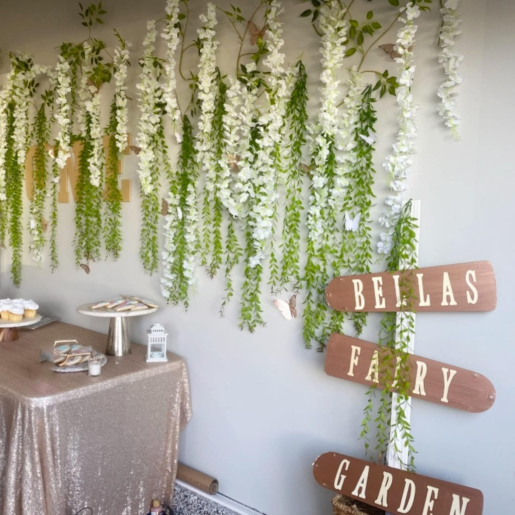 artificial wisteria hanging flowers fake wisteria flower garland, close-up detail