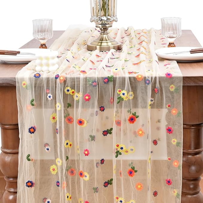 Joanlody Champagne Embroidery Daisy Fall Thanksgiving Table Runner 10ft Florals Seasonal Tulle Table Runner Holiday Kitchen Dining Table Decoration for Home Party Indoor