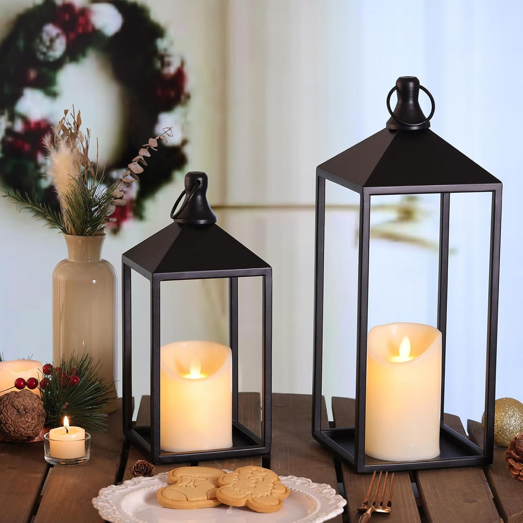 MATAHUM 2pcs Farmhouse Lantern Decor with LED Flickering Flameless Candles - Black Metal Lanterns Decorative for Home Decor, Fireplace Mantle or Table Centerpiece, Halloween Christmas Lantern Decor