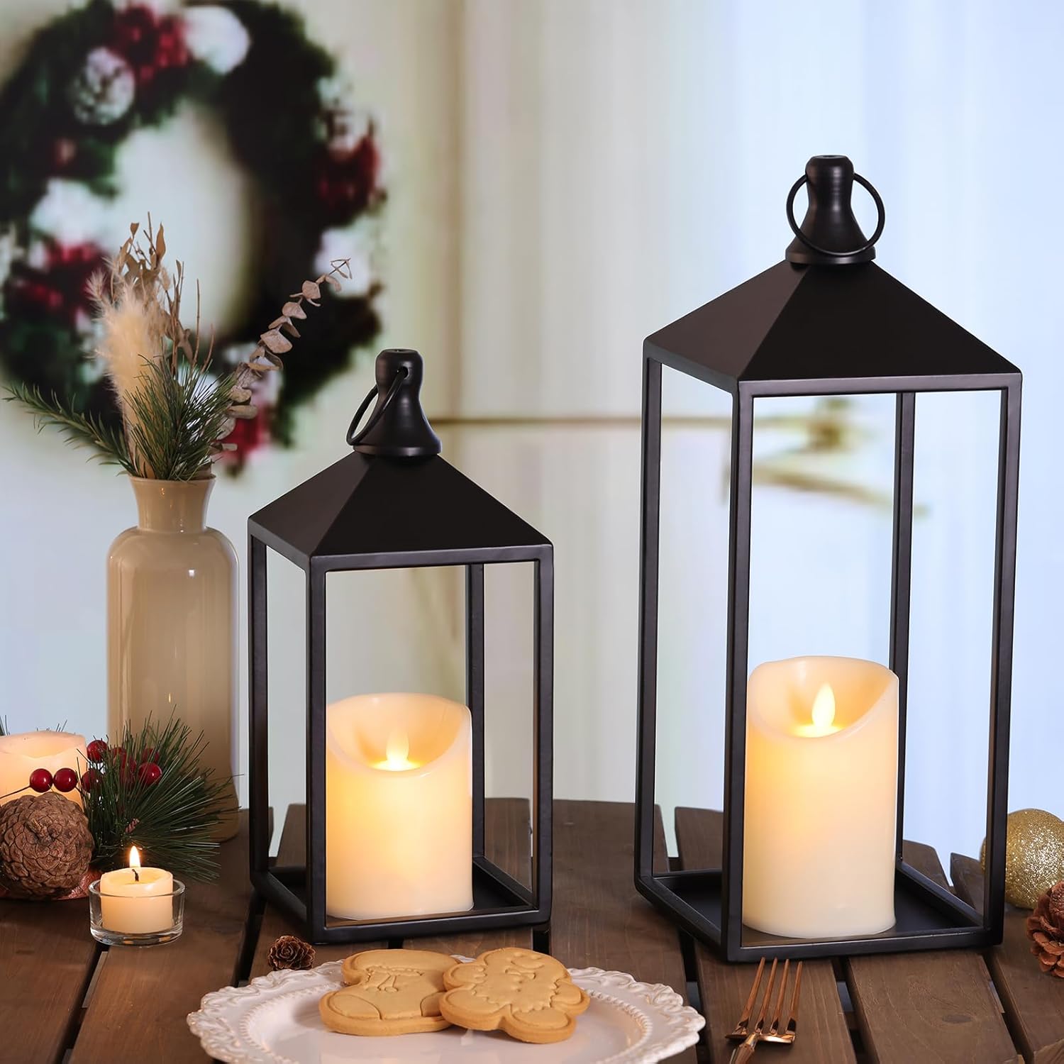 MATAHUM 2pcs Farmhouse Lantern Decor with LED Flickering Flameless Candles - Black Metal Lanterns Decorative for Home Decor, Fireplace Mantle or Table Centerpiece, Halloween Christmas Lantern Decor