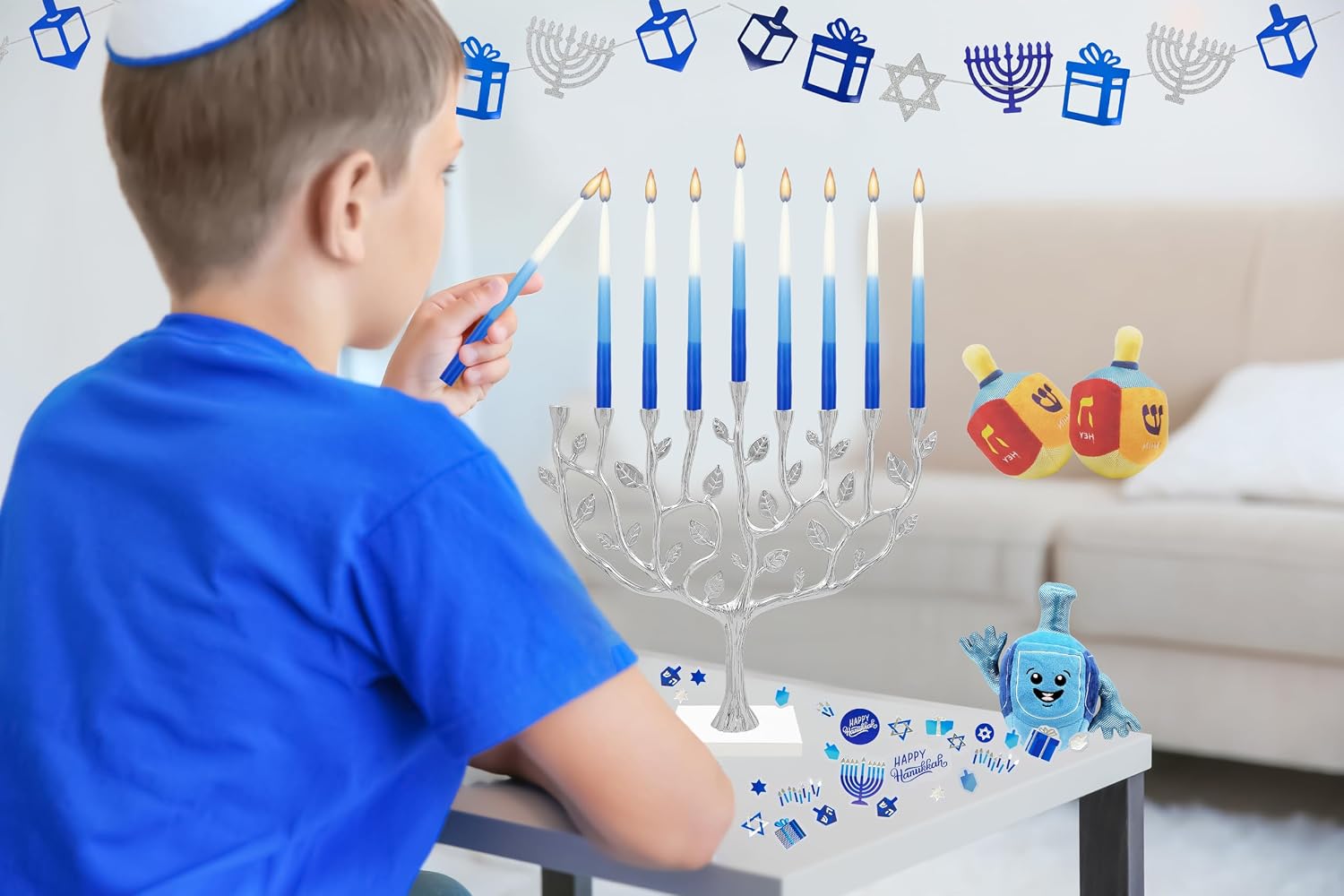 The Dreidel Company Premium 1-Hour Burn Time Tapered Hanukkah Menorah Candles Tri Color,Blue, and White, Candles for All 8 Nights of Chanukah
