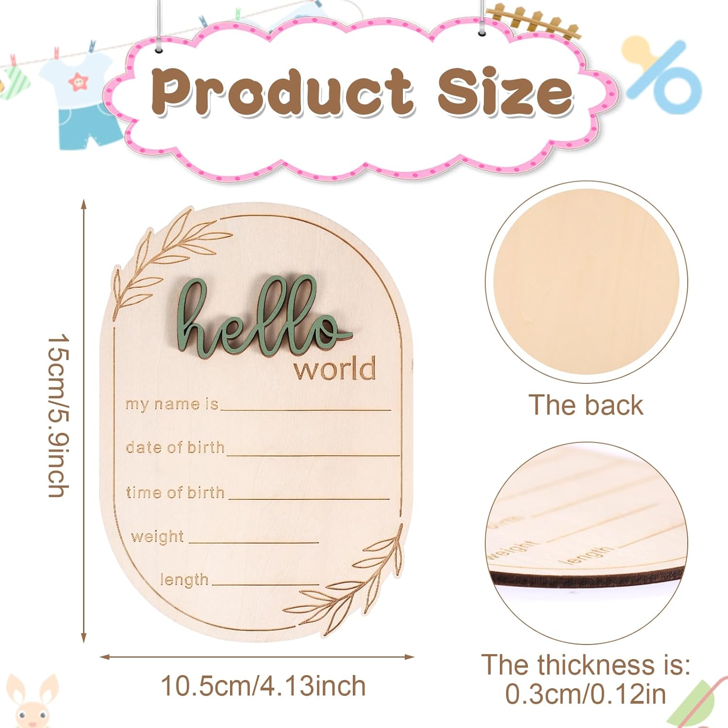 Baby Announcement Sign, 5.91x4.13 Inch Wooden Hello World Baby Name Sign Newborn Announcement Sign Birth Announcement Plaque for Home Hospital Nursery
