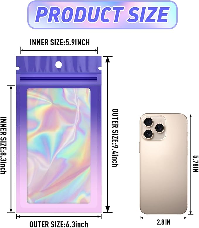 Funfery 100 Pack Gradient Holographic Bags,Mylar Resealable Bags with Zipper,Clear Window Packaging Pouchs,Foil Smell Proof Bag for Food Storage,Sample Jewelry Baggies(6.3x9.4In,Purple Pink)