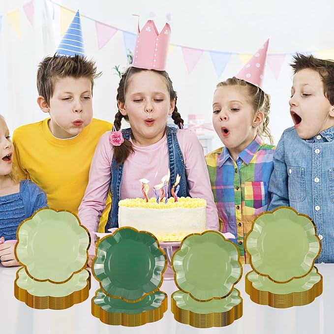 48Pcs Sage Green Scalloped Party Plates - 7inch Gold Foil Gradient Green Dessert Paper Plate Disposable Cake Plates for Birthday Bridal Baby Shower Wedding Party Decorative Supplies