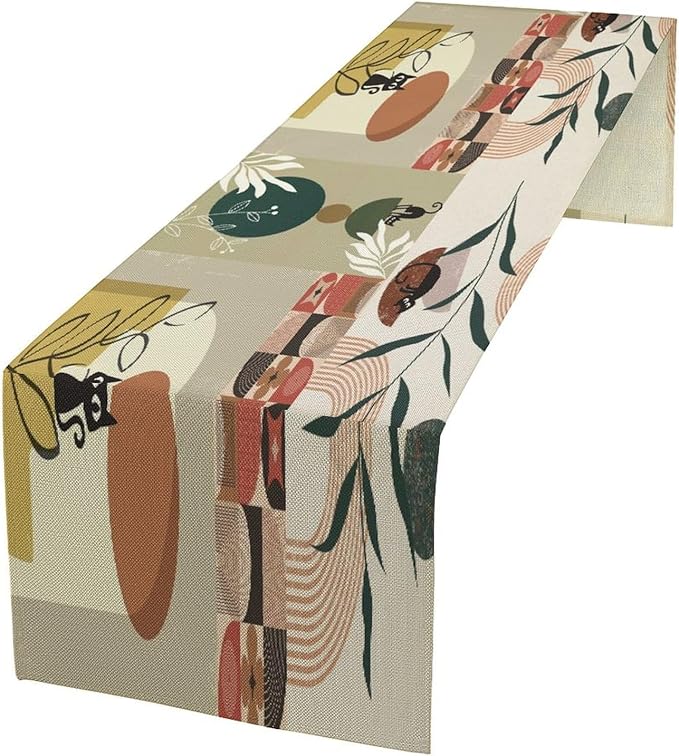 Mid Century Table Runner,Abstract Boho Plant Leaf Botanical Cat Modern Geometric Pattern Print Burlap for Hotel Indoors Outdoor Dining Room Kitchen Home Decor, 13x60in