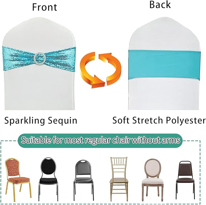 Chair Sashes Sequin Stretch Chair Bands Spandex Polyester Bows for Party Hotel Wedding Banquets Decoration - 6 Pcs Aqua
