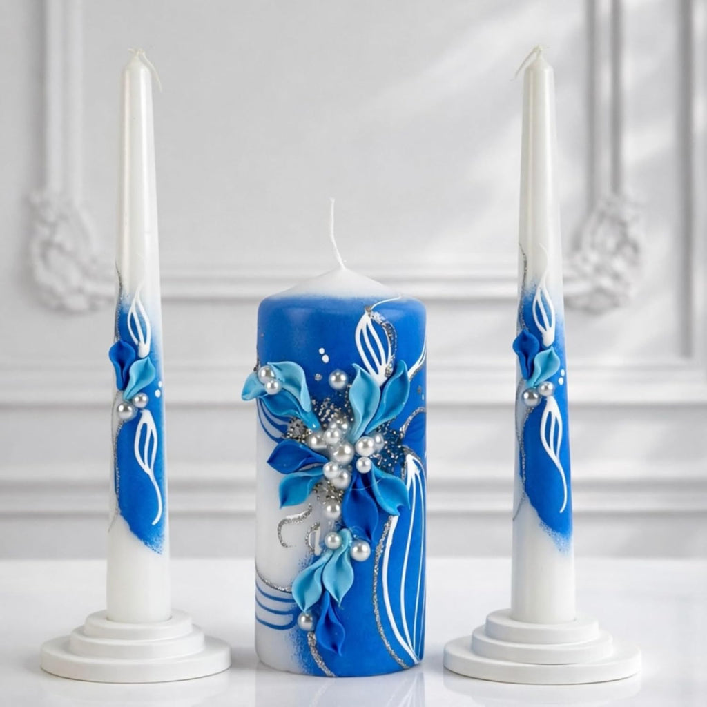 Unity Candle Set for Wedding Ceremony & Reception – 6” Pillar & Two 10” Taper Candles – Wedding Decor for Reception and Church Services – Handmade in USA –White | Royal Blue